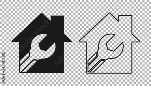 Black House or home with wrench spanner icon isolated on transparent background. Adjusting, service, setting, maintenance, repair, fixing. Vector