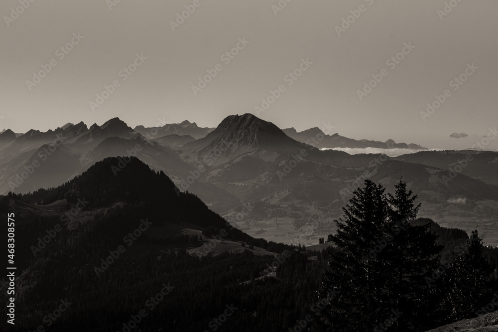 Landscape panoramic view of the swiss Alps, shot on the Moléson mountain,Fribourg, Switzerland