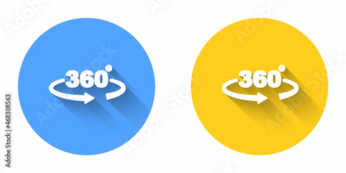 White 360 degree view icon isolated with long shadow background. Virtual reality. Angle 360 degree camera. Panorama photo. Circle button. Vector
