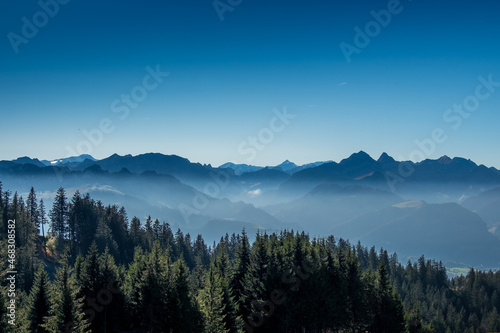 Landscape panoramic view of the swiss Alps, shot on the Moléson mountain,Fribourg, Switzerland