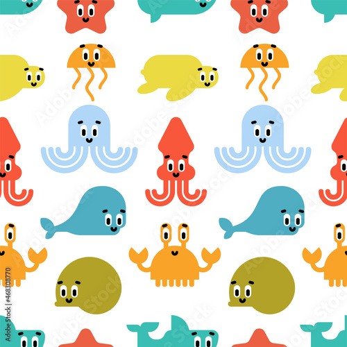 Fototapeta Naklejka Na Ścianę i Meble -  Cute sea animals pattern seamless. Cartoon sea world animal background. Baby fabric texture