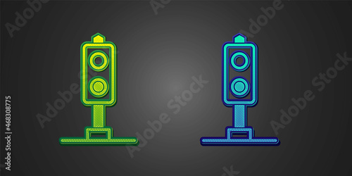 Green and blue Train traffic light icon isolated on black background. Traffic lights for the railway to regulate the movement of trains. Vector