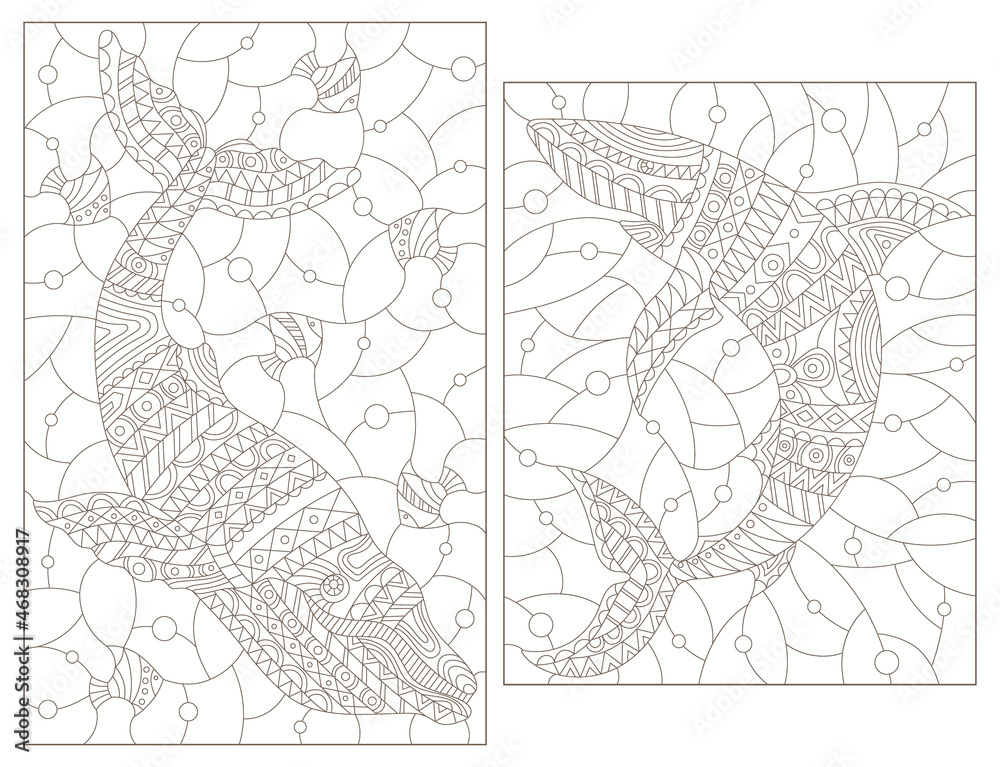Fototapeta premium A set of contour illustrations in the style of stained glass with abstract shark and whale, dark contours on a white background