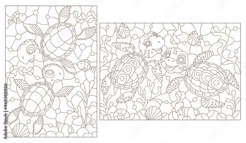 A set of contour illustrations in the style of a stained glass window with turtles on a sea day background, dark outlines on a white background