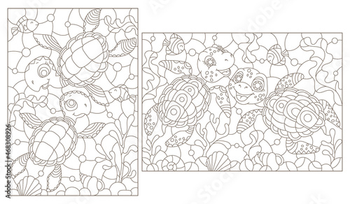 A set of contour illustrations in the style of a stained glass window with turtles on a sea day background, dark outlines on a white background