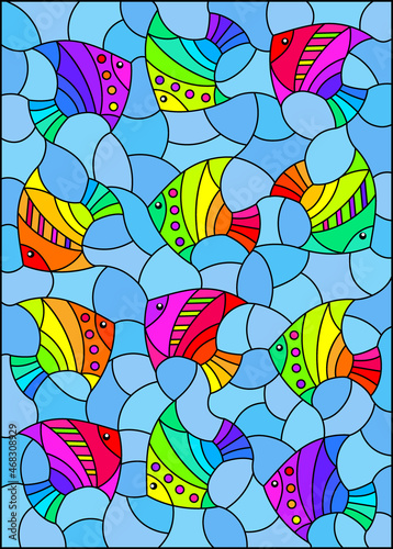 Stained glass illustration with bright rainbow fish on a blue background  rectangular image