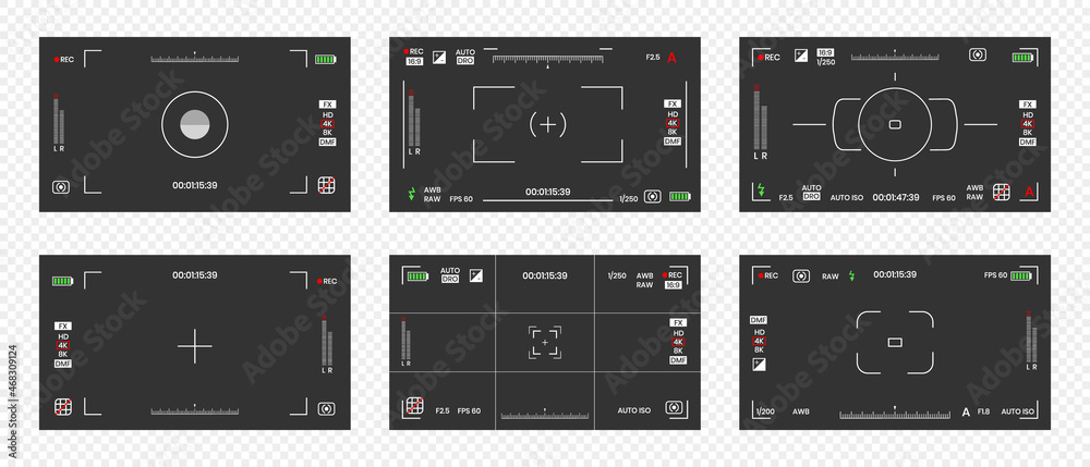 Camera viewfinder video or photo frame recorder flat style design vector illustration set. Digital camera viewfinder with exposure settings and focusing grid template. Camera viewfinder video or photo frame recorder flat style design vector illustration set. Digital camera viewfinder with exposure settings and focusing grid template.