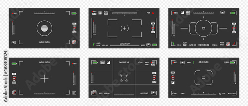 Camera viewfinder video or photo frame recorder flat style design vector illustration set. Digital camera viewfinder with exposure settings and focusing grid template.