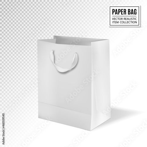 Vector Shopping Bag. White realistic paper bag. 3D illustration