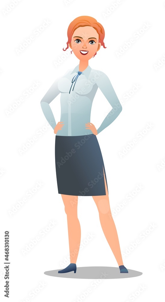 Successful businesswoman. Cheerful persons in standing pose. Woman in business shirt and tie. Cartoon comic style flat design. Separate character. Illustration isolated on white background. Vector Successful businesswoman. Cheerful persons in standing pose. Woman in business shirt and tie. Cartoon comic style flat design. Separate character. Illustration isolated on white background. Vector