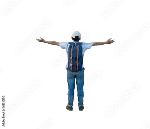 man standing with his arms outstretched carrying a bag behind him.man standing with arms outstretched in isolated with clipping path.