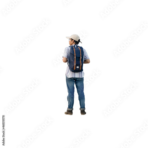 man standing with a bag behind him looking to the side. People standing in isolated with clipping path.