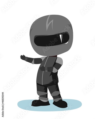 Motorcyclist in a black jacket and helmet. Biker uniform. The gesture of an invitation to go. Cartoon style. Funny character. Flat design. Isolated on background. Vector