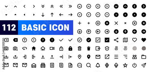  Basic icon set. It includes icons such as arrows, buttons, cameras, maps, documents, letters, mail, notifications, shapes, and fingerprints illustration.