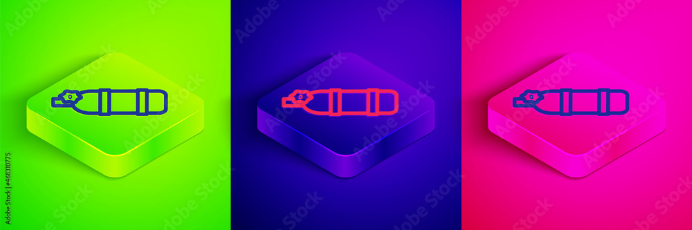 Isometric line Aqualung icon isolated on green, blue and pink background. Oxygen tank for diver. Diving equipment. Extreme sport. Diving underwater equipment. Square button. Vector Isometric line Aqualung icon isolated on green, blue and pink background. Oxygen tank for diver. Diving equipment. Extreme sport. Diving underwater equipment. Square button. Vector