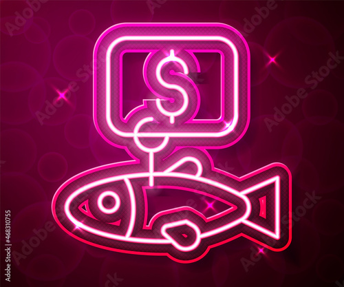 Glowing neon line Price tag for fish icon isolated on red background. Vector
