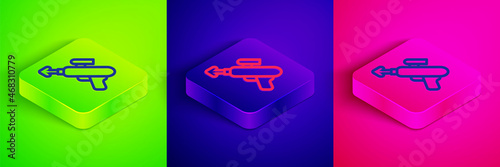 Isometric line Fishing harpoon icon isolated on green, blue and pink background. Fishery manufacturers for catching fish under water. Diving underwater equipment. Square button. Vector