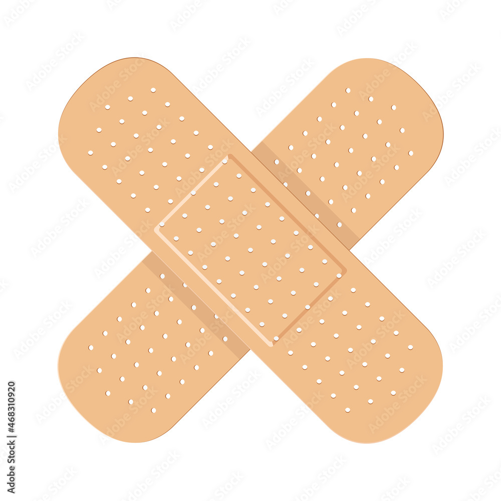 A medical patch. Two plasters glued crosswise. The concept of first aid. Vector illustration isolated on a white background for design and web. A medical patch. Two plasters glued crosswise. The concept of first aid. Vector illustration isolated on a white background for design and web.