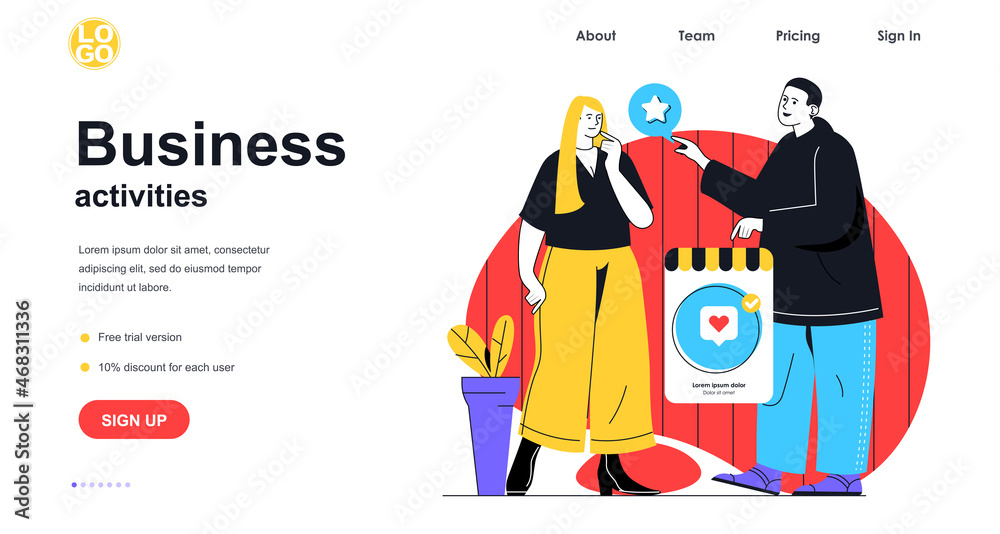 Business activities web banner concept. Man recommends service to woman, advertising campaign and promotion, partnership landing page template. Vector illustration with people scene in flat design