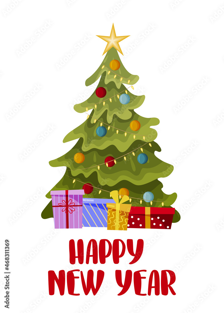 New Year greeting card. A Christmas tree with gifts and a handwritten inscription Happy New Year. Vector New Year greeting card. A Christmas tree with gifts and a handwritten inscription Happy New Year. Vector