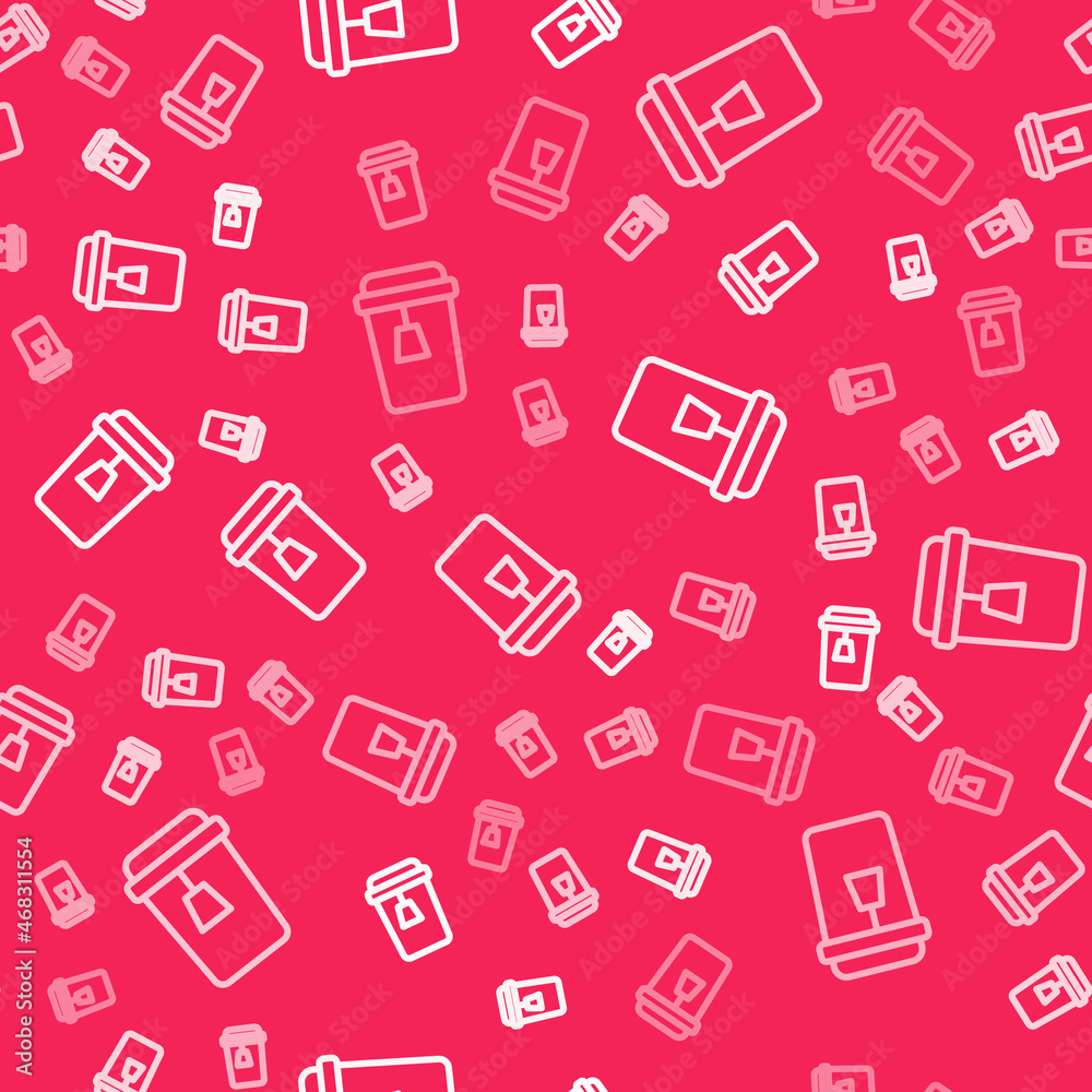 White line Cup of tea icon isolated seamless pattern on red background. Vector White line Cup of tea icon isolated seamless pattern on red background. Vector