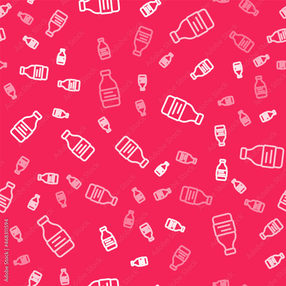 White line Bottle of water icon isolated seamless pattern on red background. Soda aqua drink sign. Vector