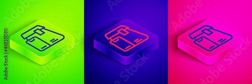 Isometric line Online ordering and fast food delivery icon isolated on green, blue and pink background. Square button. Vector