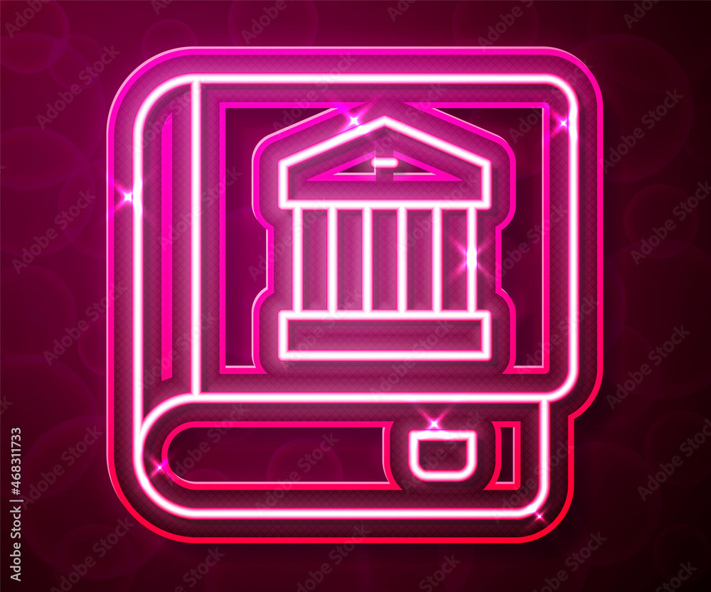Glowing neon line Law book icon isolated on red background. Legal judge book. Judgment concept. Vector