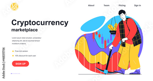 Cryptocurrency marketplace web banner concept. Man with pick earning bitcoins on mining farm, blockchain technology landing page template. Vector illustration with people scene in flat design