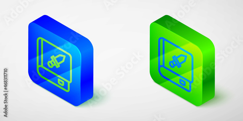 Isometric line Book about weapon icon isolated grey background. Small firearm. Weapon catalog. Blue and green square button. Vector