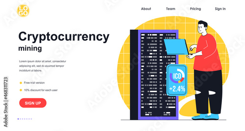 Cryptocurrency mining web banner concept. Man makes bitcoin crypto money using farm with server racks, blockchain technology landing page template. Vector illustration with people scene in flat design