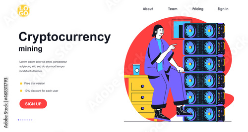 Cryptocurrency mining web banner concept. Woman makes crypto money, working at server racks room, blockchain technology landing page template. Vector illustration with people scene in flat design