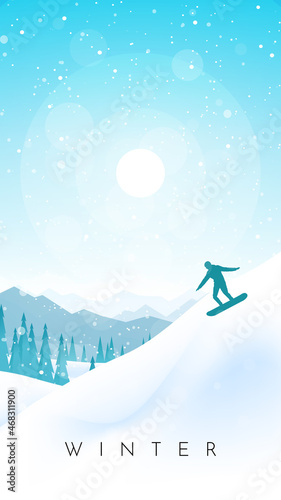 Winter landscape. Snowboarding in the mountains. Adventures, hiking, tourism. Travel concept of extreme, active winter sport. Minimalist polygonal flat design graphic poster. Vector illustration