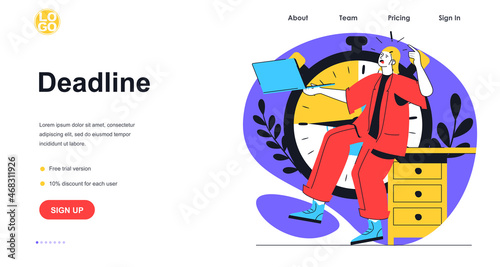 Deadline at office web banner concept. Woman in hurry to finish task near huge clock. Stress at work and time management landing page template. Vector illustration with people scene in flat design