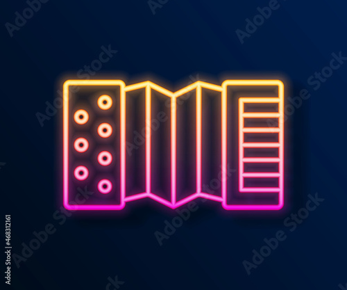 Glowing neon line Musical instrument accordion icon isolated on black background. Classical bayan, harmonic. Vector