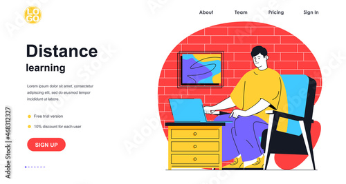 Distance learning web banner concept. Man student studying using laptop at home, online courses or webinars, e-learning landing page template. Vector illustration with people scene in flat design