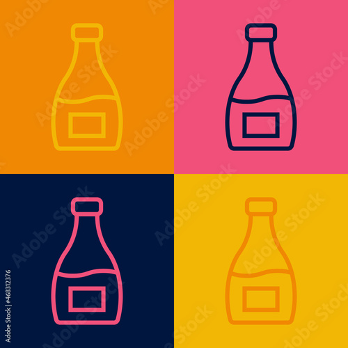 Pop art line Sauce bottle icon isolated on color background. Ketchup, mustard and mayonnaise bottles with sauce for fast food. Vector