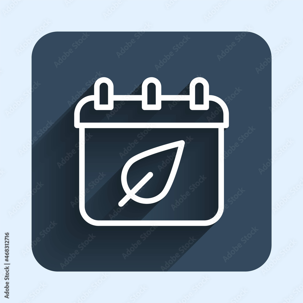 White line Calendar with autumn leaves icon isolated with long shadow background. Blue square button. Vector White line Calendar with autumn leaves icon isolated with long shadow background. Blue square button. Vector