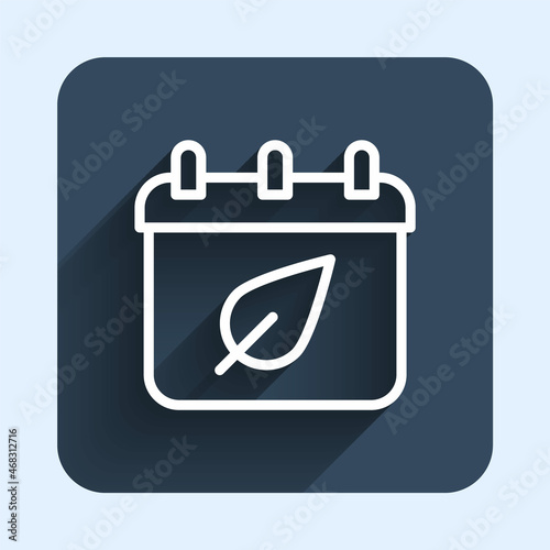 White line Calendar with autumn leaves icon isolated with long shadow background. Blue square button. Vector