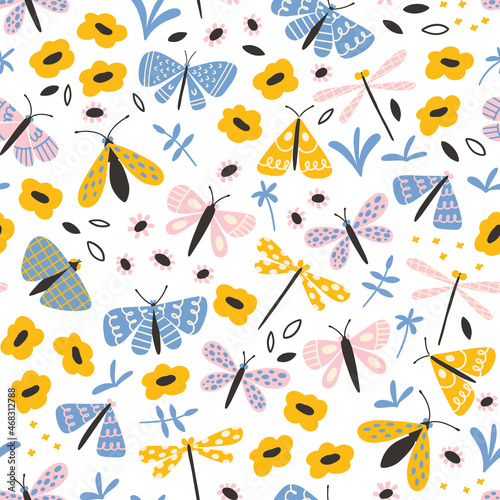 Butterfly and wildflower seamless pattern. Cute doodle hand drawn insects in trendy pastel colors. Sweet funny scandinavian butterflies for kids textile. Delicate and trendy design.