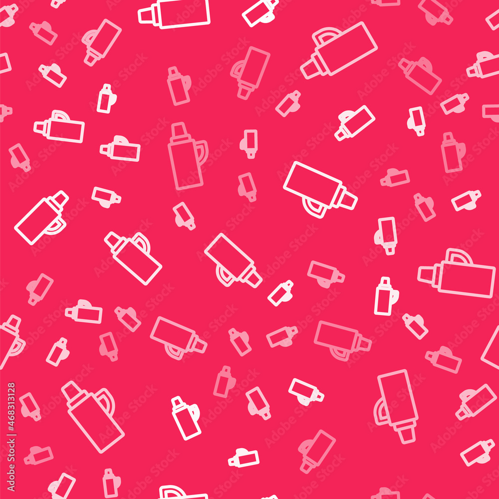 White line Thermos container icon isolated seamless pattern on red background. Thermo flask icon. Camping and hiking equipment. Vector