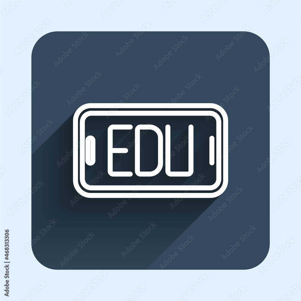 White line Online education and graduation icon isolated with long shadow background. Online teacher on monitor. Webinar and video seminar learning. Blue square button. Vector White line Online education and graduation icon isolated with long shadow background. Online teacher on monitor. Webinar and video seminar learning. Blue square button. Vector