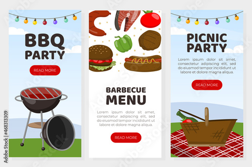 BBQ Party and Outdoor Picnic with Grill Grate and Steak Web Banner Vector Template