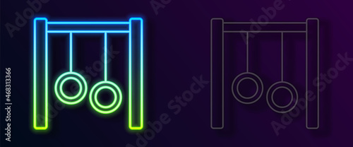 Glowing neon line Gymnastic rings icon isolated on black background. Playground equipment with hanging rope with rings. Vector
