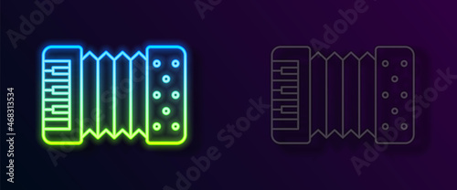 Glowing neon line Musical instrument accordion icon isolated on black background. Classical bayan, harmonic. Vector