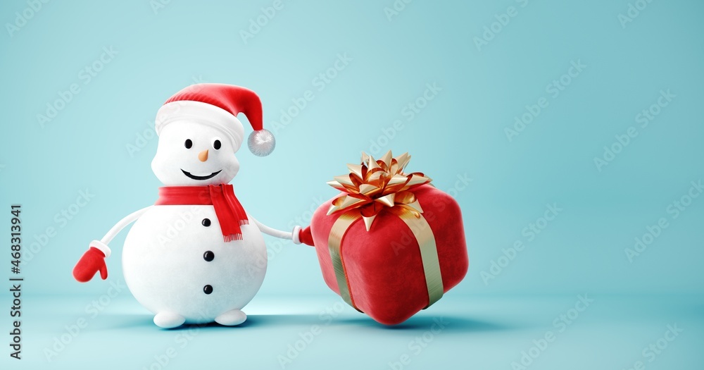 Cute Snowman in Santa Claus hat on light pastel background - 3D, render. Christmas and New Year symbol with gifts and toys. Greeting card, banner, template with copy space.	
