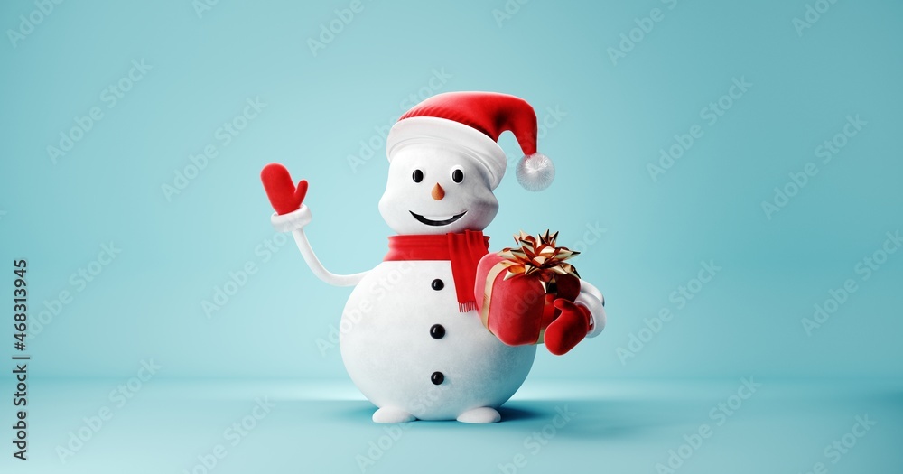 Cute Snowman in Santa Claus hat on light pastel background - 3D, render. Christmas and New Year symbol with gifts and toys. Greeting card, banner, template with copy space.	
