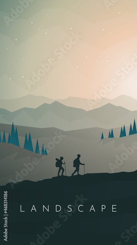Travel concept of discovering, exploring, observing nature. Hiking tourism. Adventure. A couple climbs the mountains. Teamwork. Vector polygonal vertical landscape illustration. Minimalist flat design