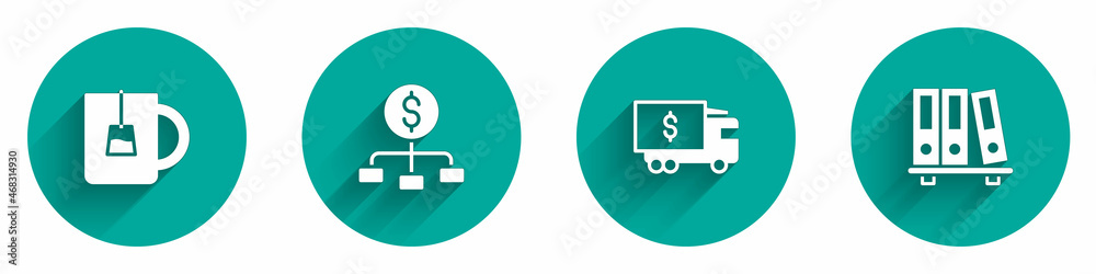Set Cup of tea, Hierarchy with dollar, Armored truck and Office folders icon with long shadow. Vector Set Cup of tea, Hierarchy with dollar, Armored truck and Office folders icon with long shadow. Vector