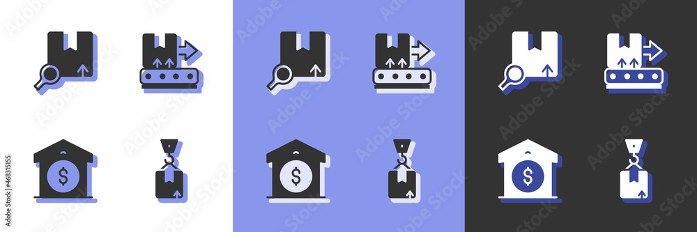 Set Crane with cardboard box, Search package, Warehouse price and Conveyor belt icon. Vector Set Crane with cardboard box, Search package, Warehouse price and Conveyor belt icon. Vector
